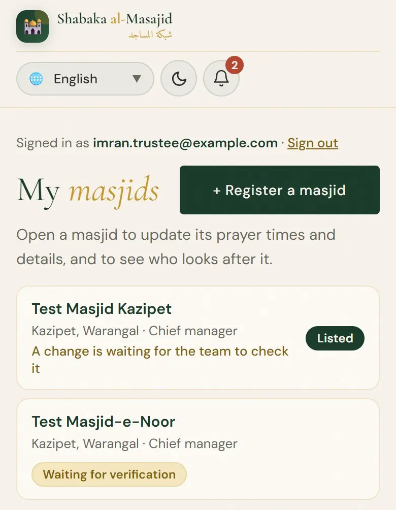 My masjids: one line for each masjid.