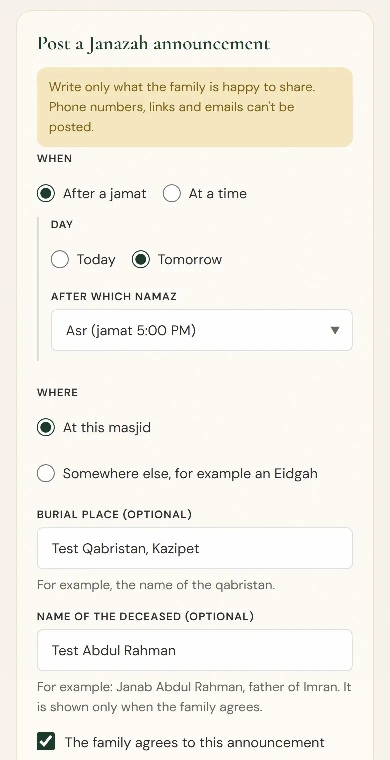 Post a Janazah announcement