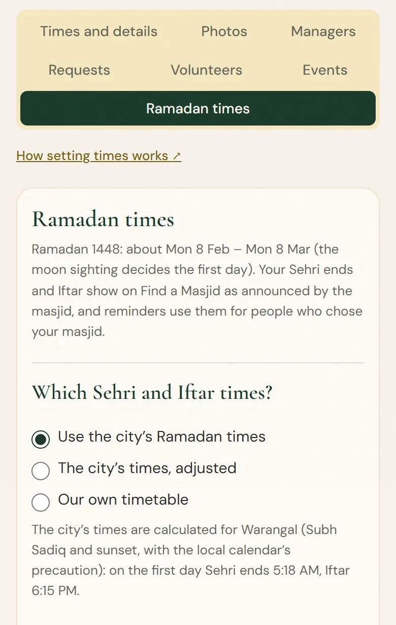 Which Sehri and Iftar times?
