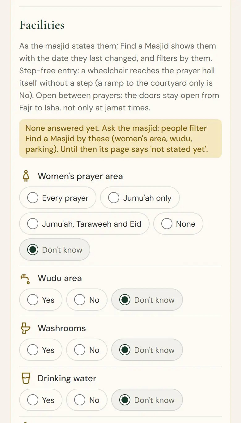 Facilities: Yes / No / Don't know