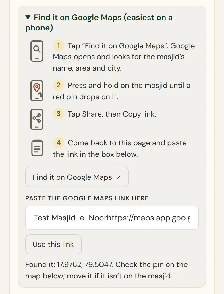 The Google Maps link fills in the pin.