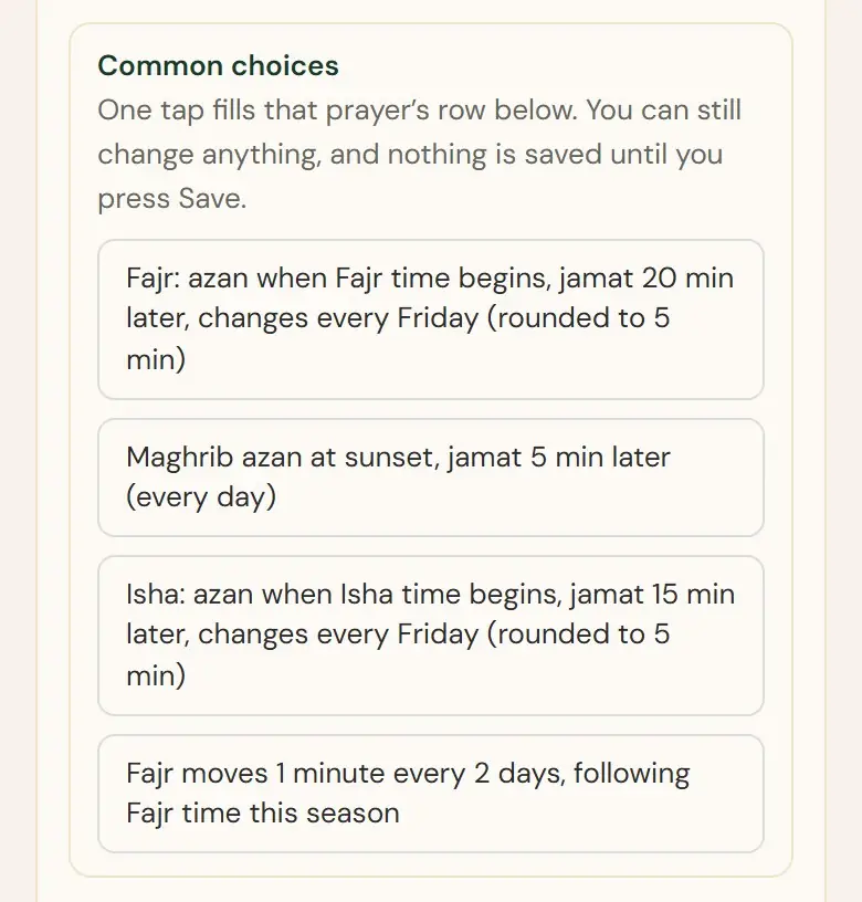Common choices: Fajr · Maghrib · Isha