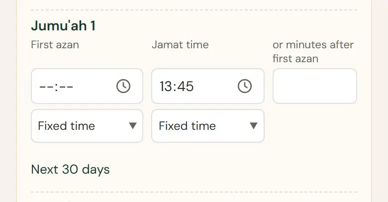 Jumu'ah: First azan · Jamat time