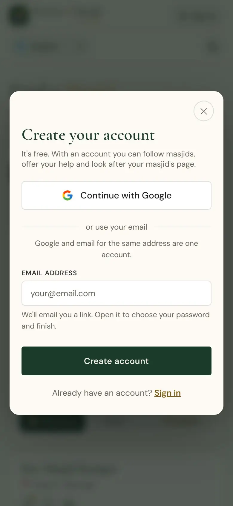 Create your account with Google or your email.