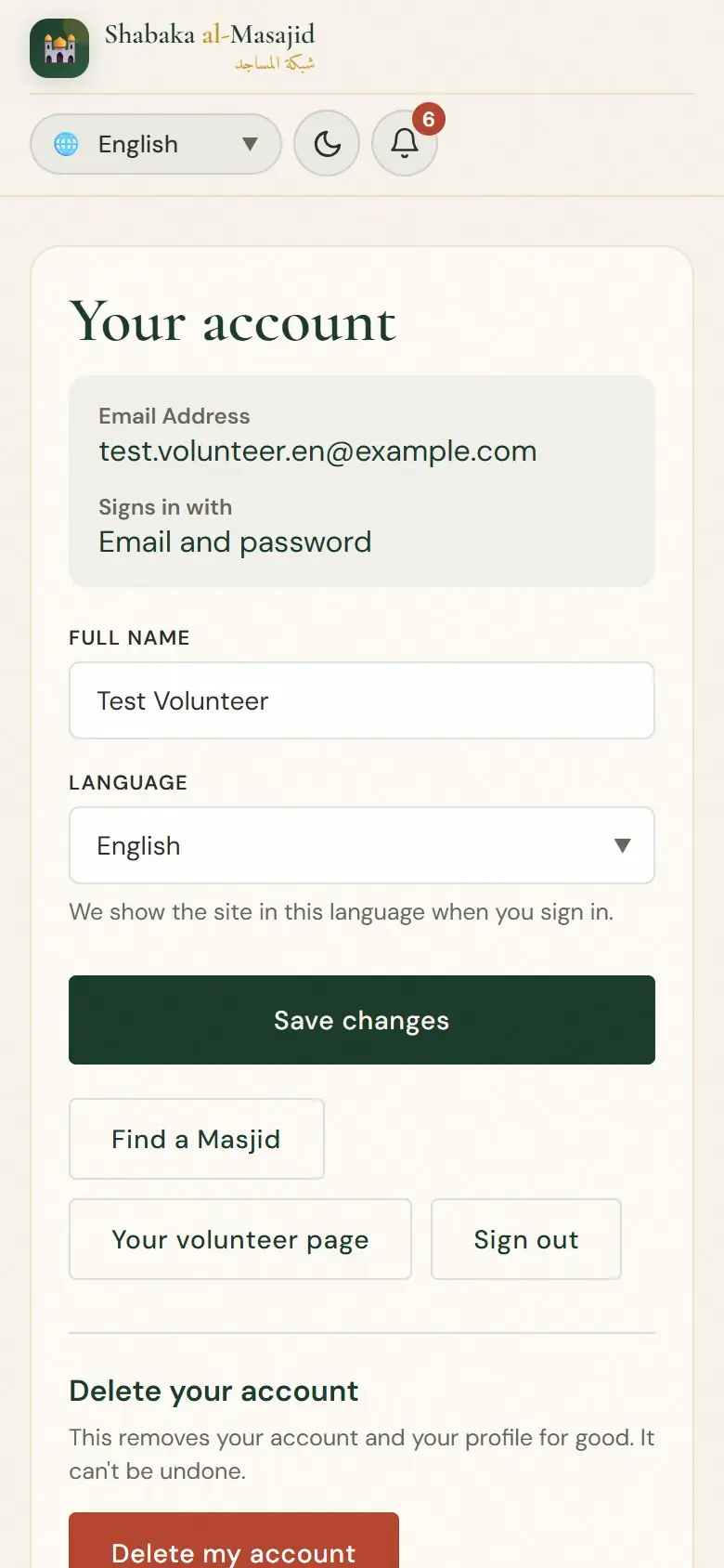 Your account: name, language, sign out.