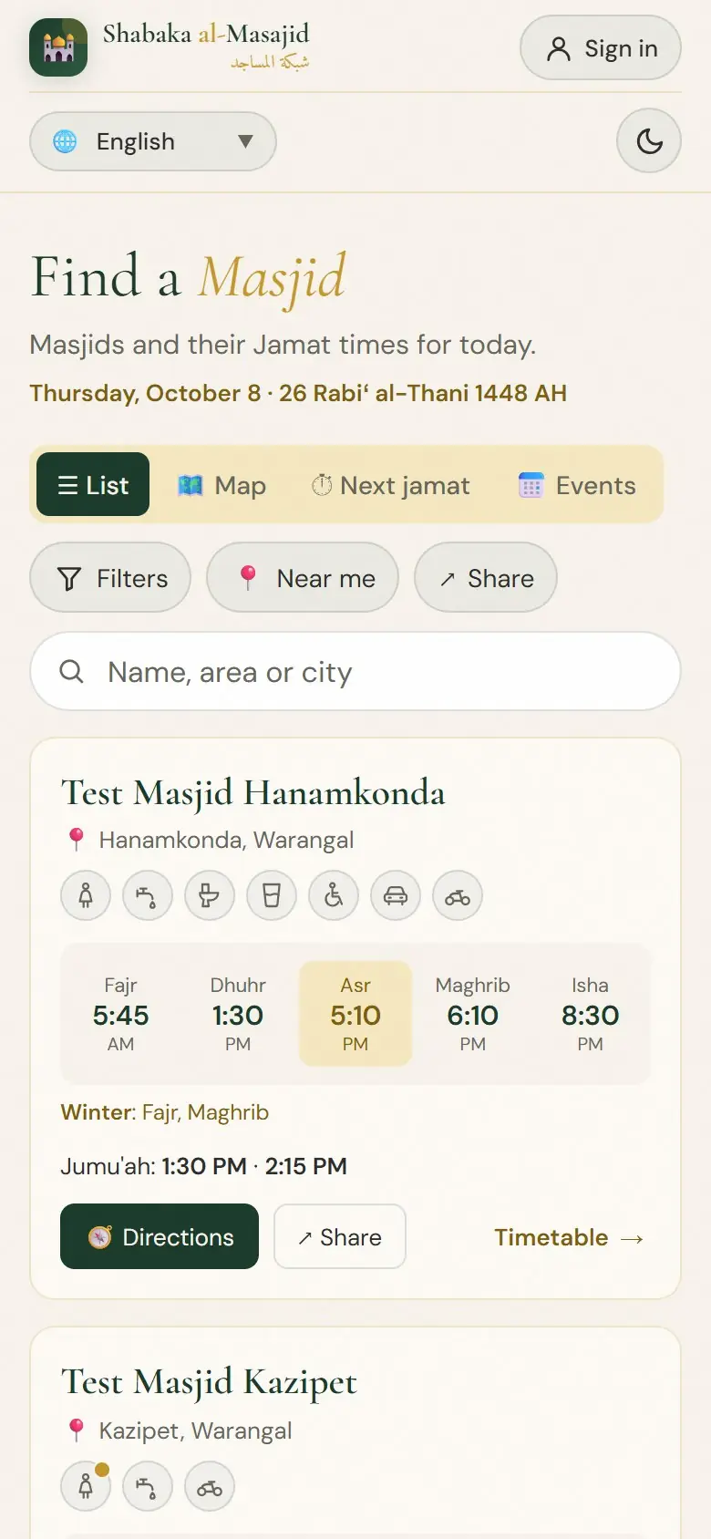 The list: today's jamat times at each masjid.