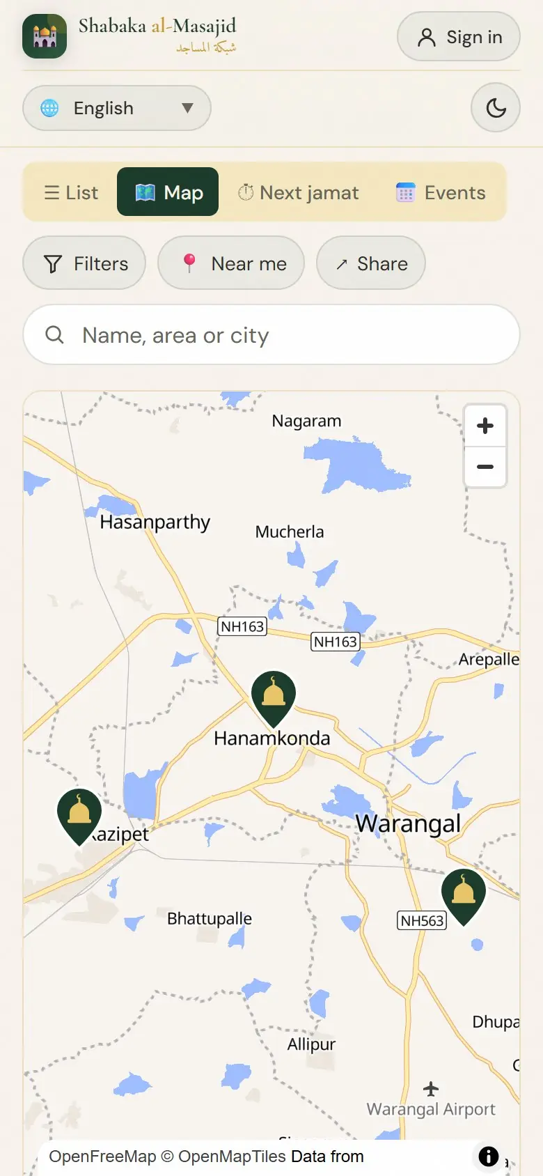 Each pin is a listed masjid.