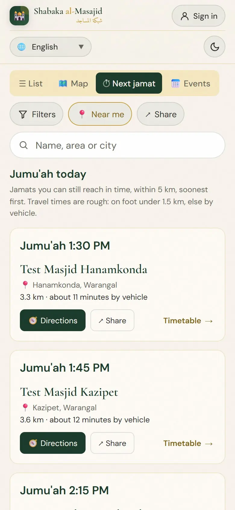 Friday: every Jumu'ah near you, by time.