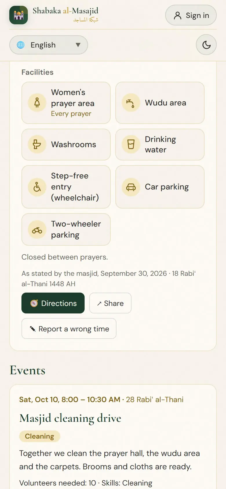 Facilities, Directions and Share.