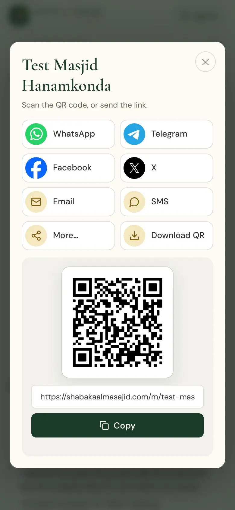 Share: WhatsApp, a link or a QR code.