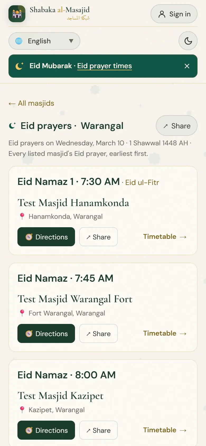 Eid prayers in the city, by time.
