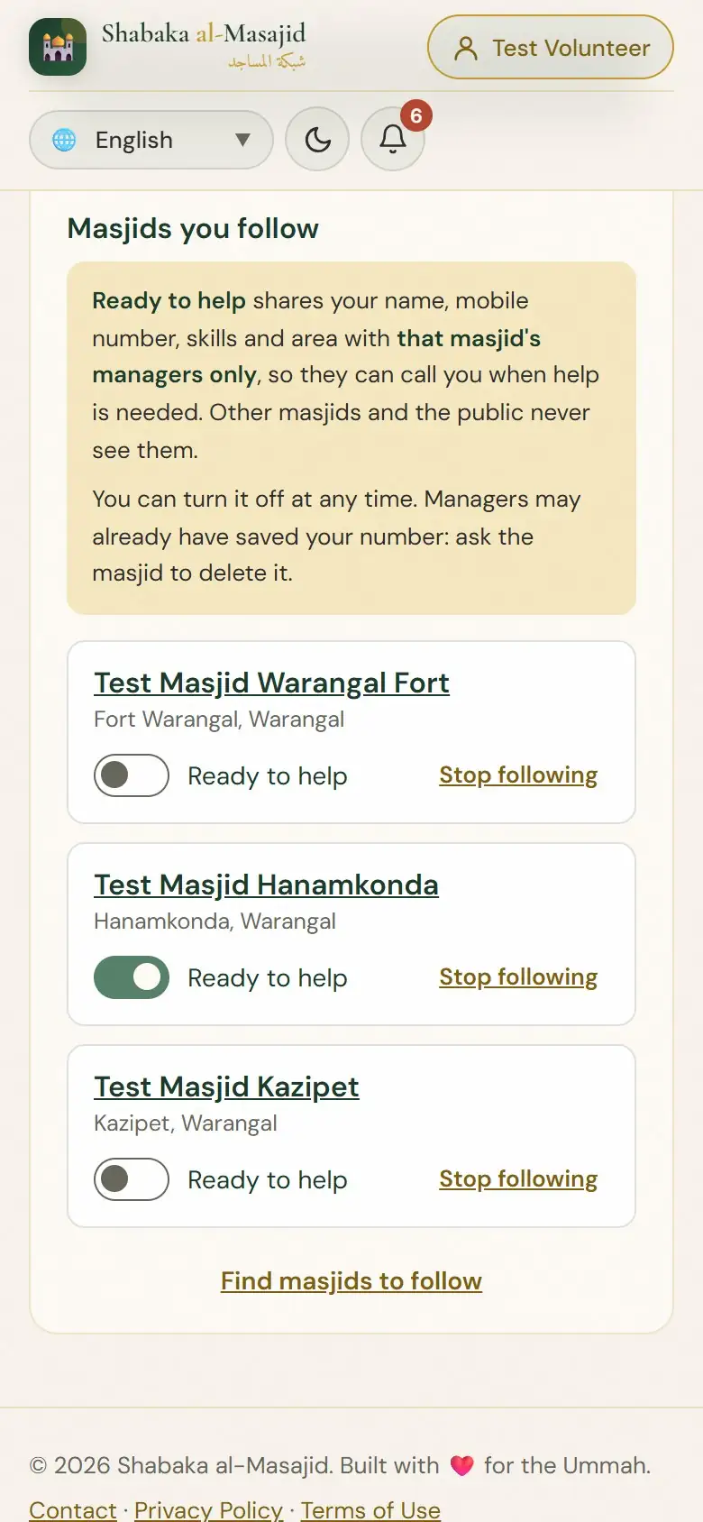 Every masjid you follow, each with its own switch.